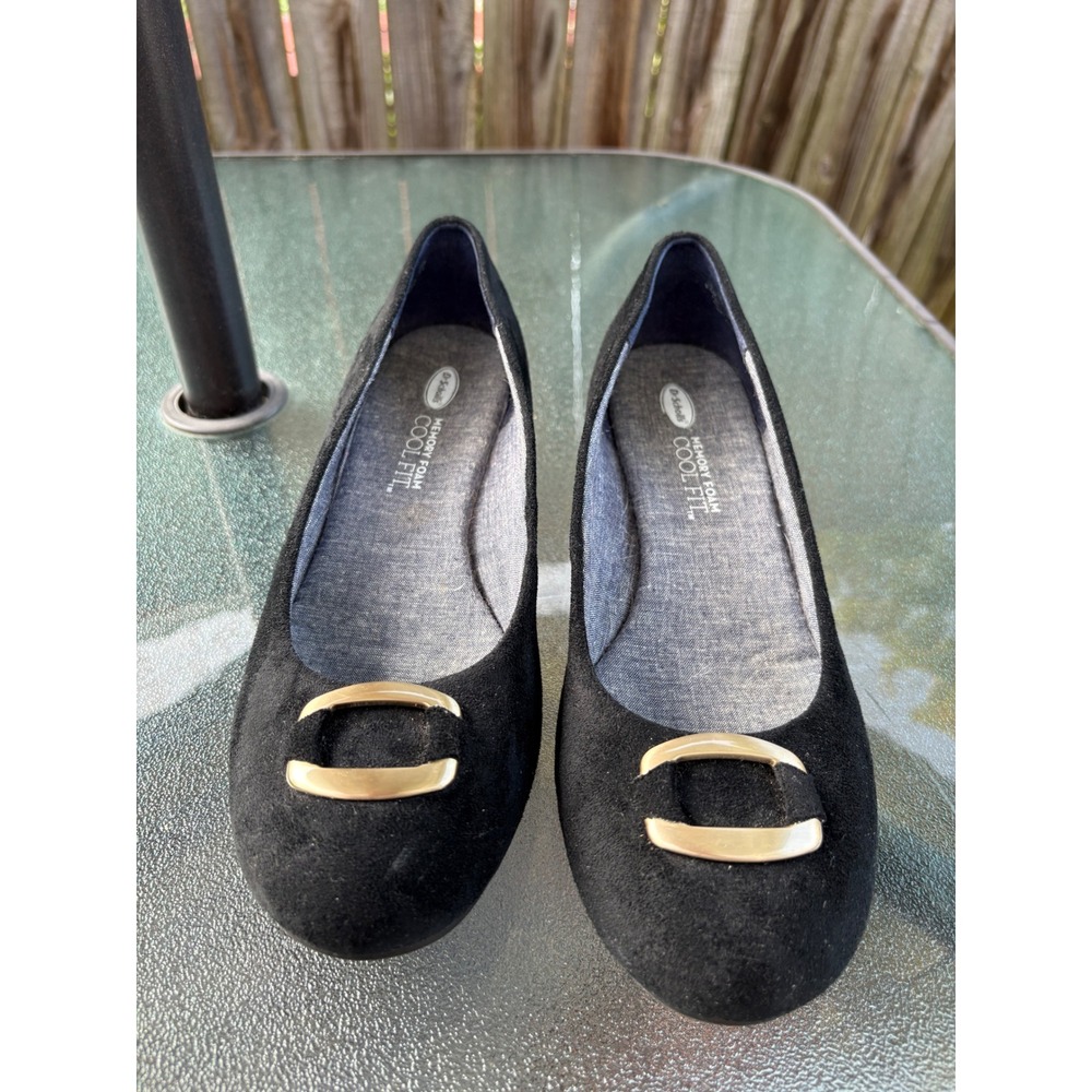 Dr. Scholls Vivien Black Suede Wedge Pumps Gold Buckle Memory Foam Shoes 9.5M